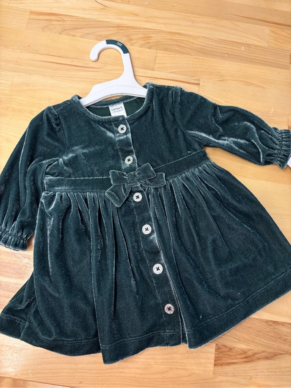 Carter's Emerald Green Velvet Button-Front Dress with Waist Bow